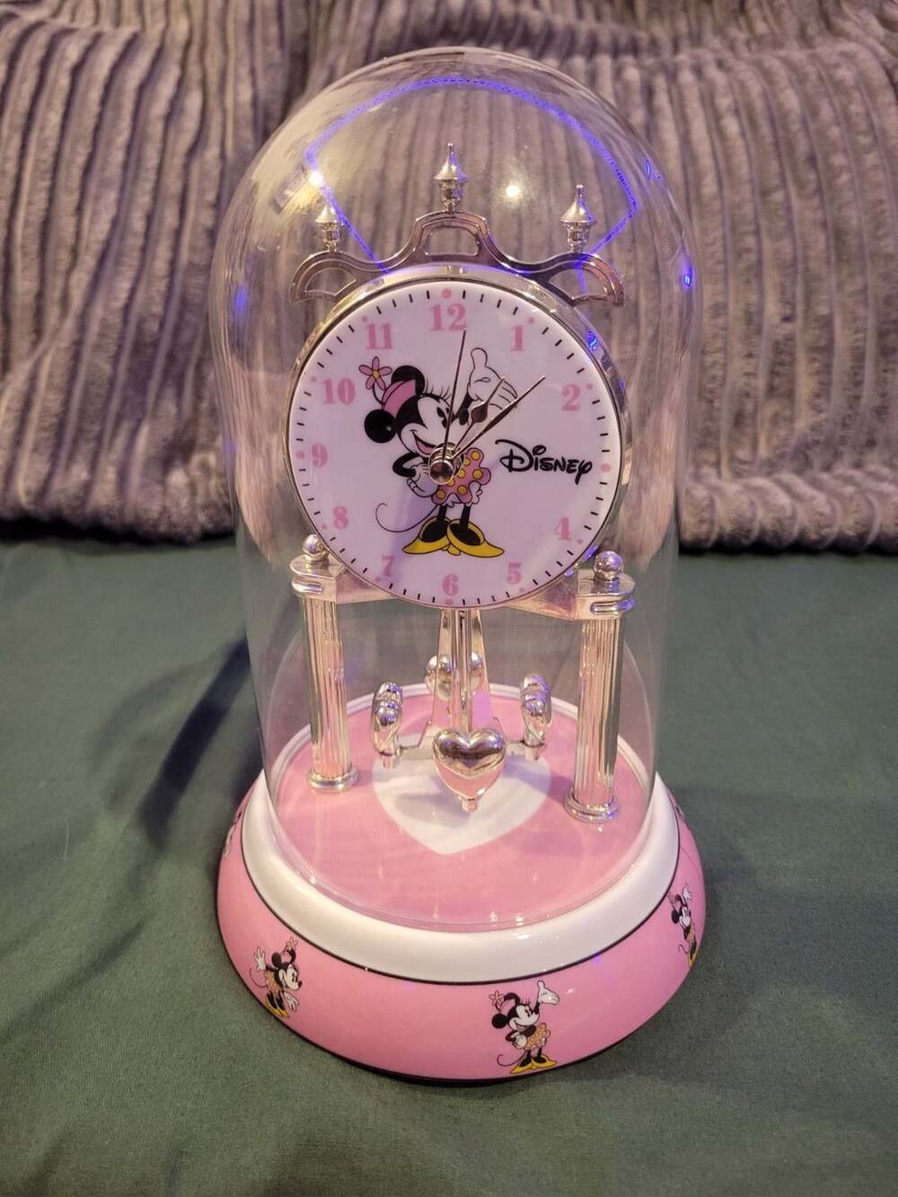 Disney Minnie Mouse Anniversary Clock Glass Dome Pink Ceramic Base